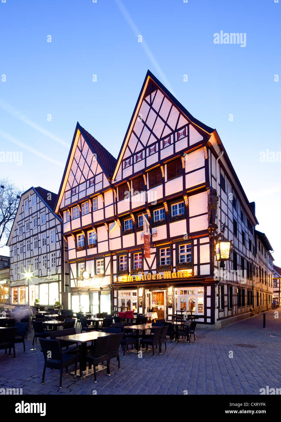 Fachwerkhaus am Markt, Haus Im Wilden Mann Restaurant, Soest, Nordrhein-Westfalen, Deutschland, Europa, PublicGround Stockfoto