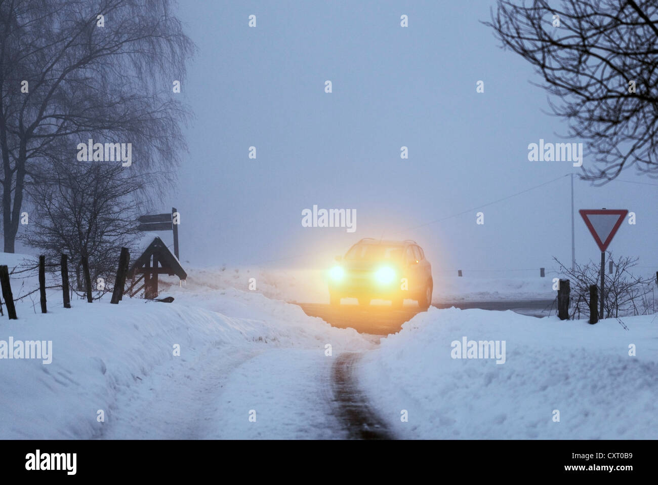 Mietwagen in eine winterliche Landschaft bedeckt, im Schnee, Nebel, Dämmerung, Bergneustadt, Nordrhein-Westfalen, Deutschland, Europa Stockfoto