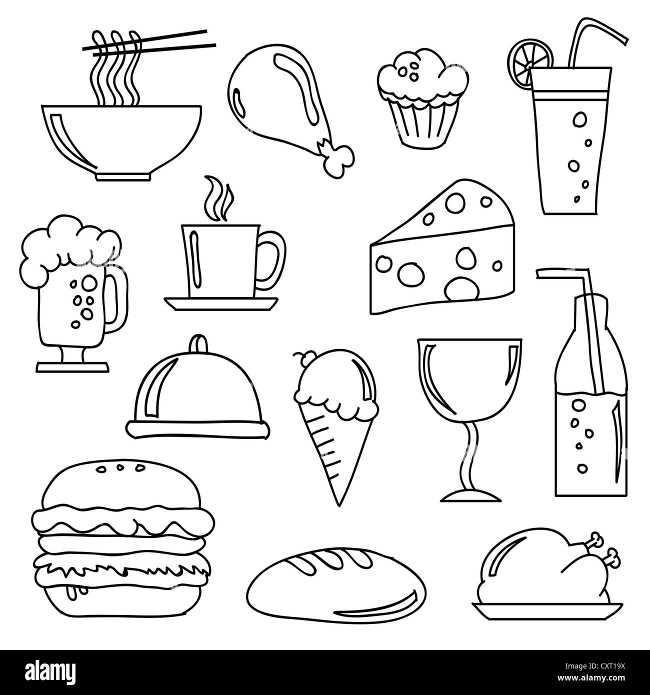 Vektor-Kritzeleien an verschiedenen Speisen und Getränken. Stockfoto