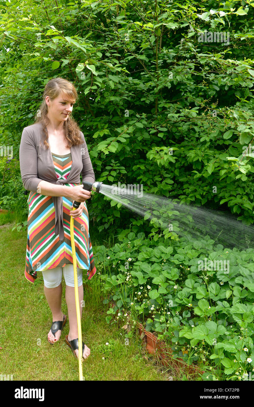 Frau, Bewässerung von Pflanzen im Garten mit einem Schlauch und Pistole Stockfoto