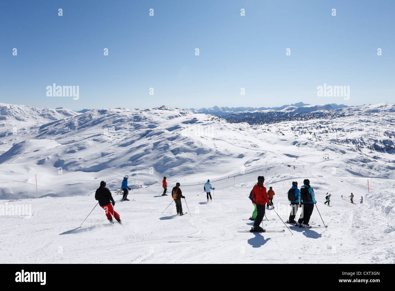 Skigebiet am Krippenstein Mountain, Dachsteingebirge, Salzkammergut, Oberösterreich, Österreich, Europa, PublicGround Stockfoto