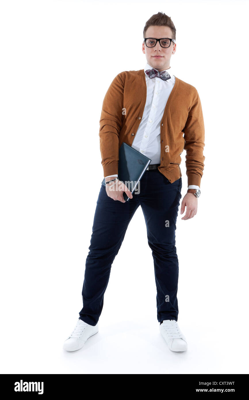 Junger Mann mit Brille und Krawatte Schlag ein Buch hält Tagebuch Stockfoto