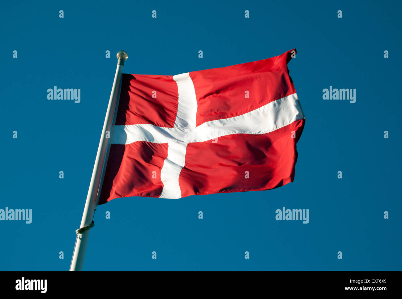 Dänische Flagge vor einem dunklen blauen Himmel Stockfoto