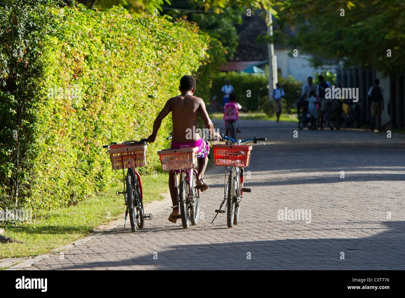Junge, Creole, Fahrrad fahren, während zwei Fahrräder, La Digue, Seychellen, Afrika, Indischer Ozean Buchse Stockfoto