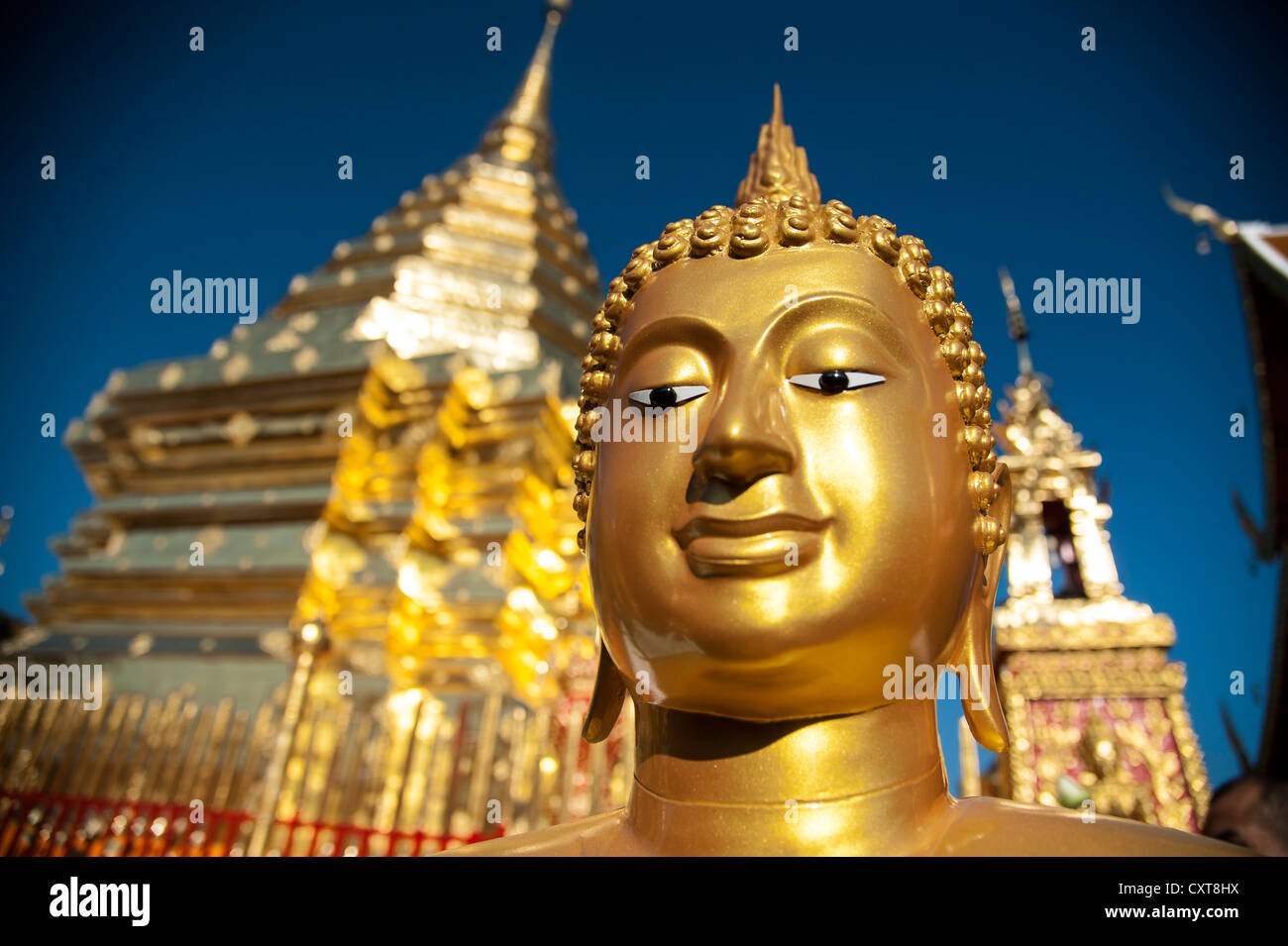 Eine goldene Buddhastatue und eine Goldene Pagode oder Chedi, Wat Phra, die Doi Suthep, Chiang Mai, Nord-Thailand, Thailand, Asien Stockfoto