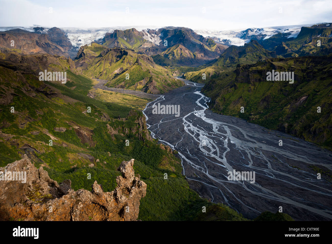 Krossá Fluss im Tal des Þórsmoerk, Thorsmoerk, Mýrdalsjoekull Gletscher, Suðurland, Sudurland, Southern Island Stockfoto