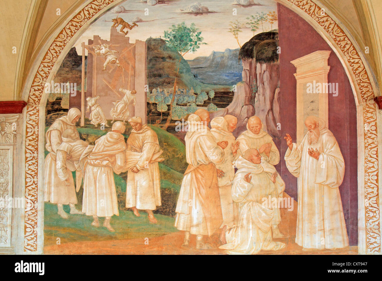 Fresco-Serie zeigt das Leben des Heiligen Benedikt, Fresken von Signorelli, Szene 24, Benedikt Anhebung eine Mönch, der während der gefallen Stockfoto