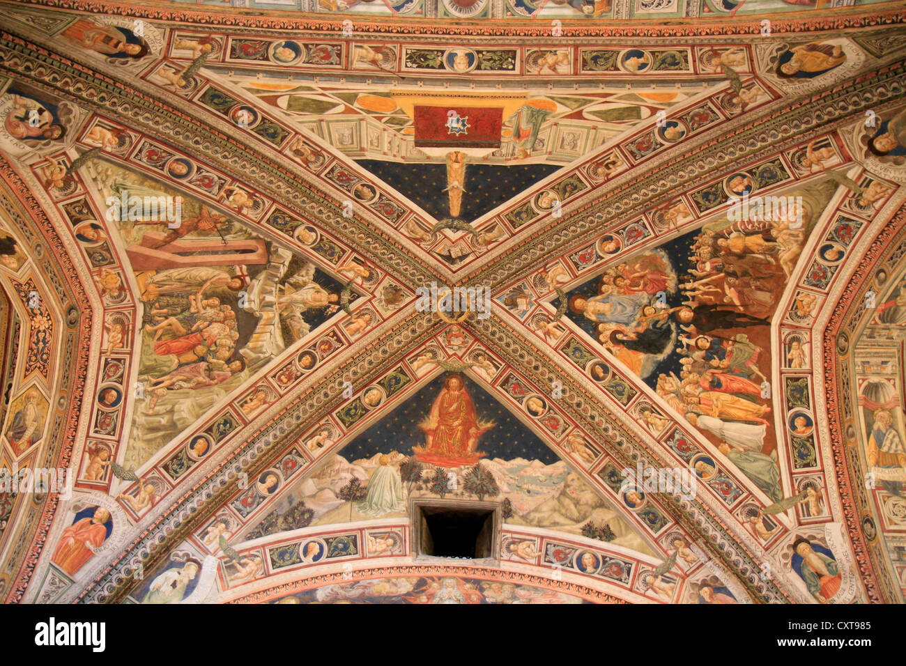 Gewölbte Decke mit Fresken in der Kathedrale von Battisterio di San Giovanni, Kathedrale Santa Maria Assunta, Siena, Siena Stockfoto