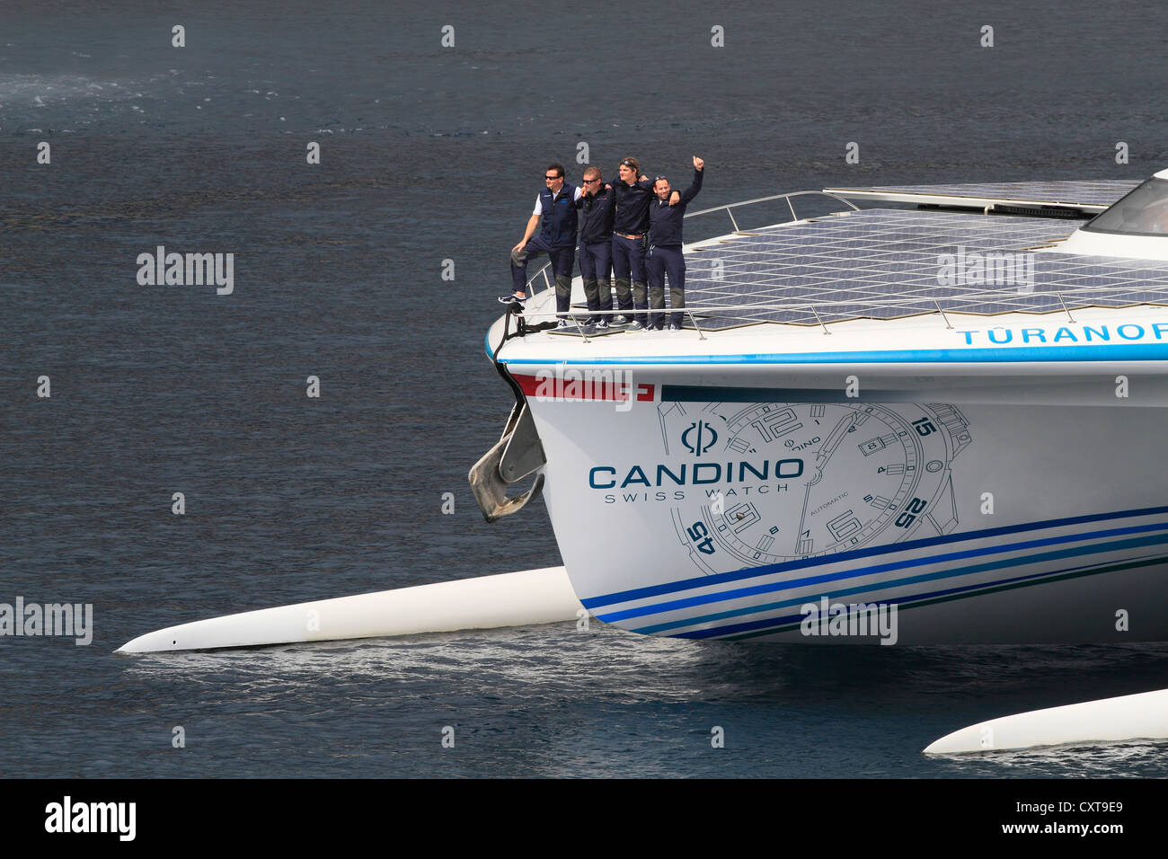 Tûranor PlanetSolar, solarbetriebene Boot Ankunft in Monaco nach der ersten Weltumrundung mit Solarstrom Stockfoto