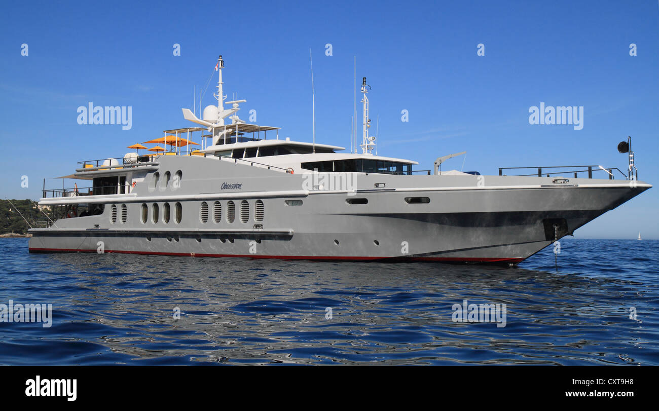 Motoryacht, Obsession, gebaut von Oceanfast, Länge 55 Meter, Baujahr 1991, verankert aus Monaco, Cote d ' Azur, mediterran Stockfoto