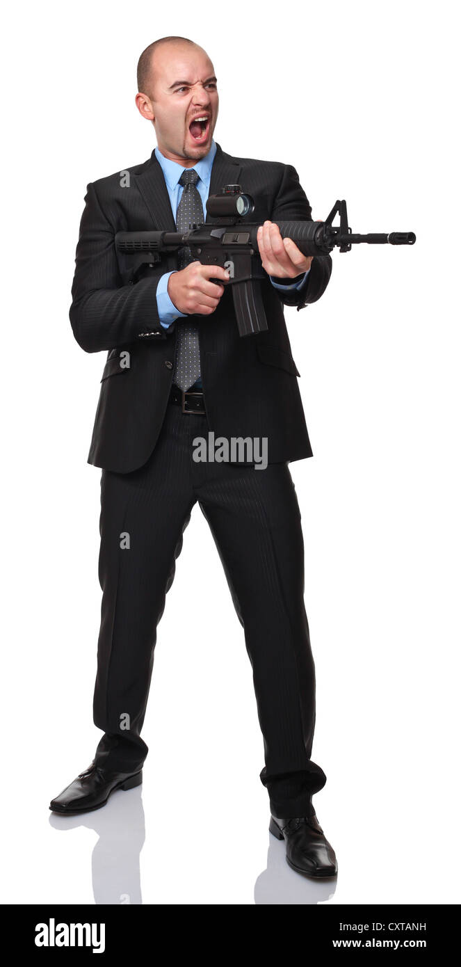 wütend Geschäftsmann mit Gewehr isoliert auf weißem Hintergrund Stockfoto