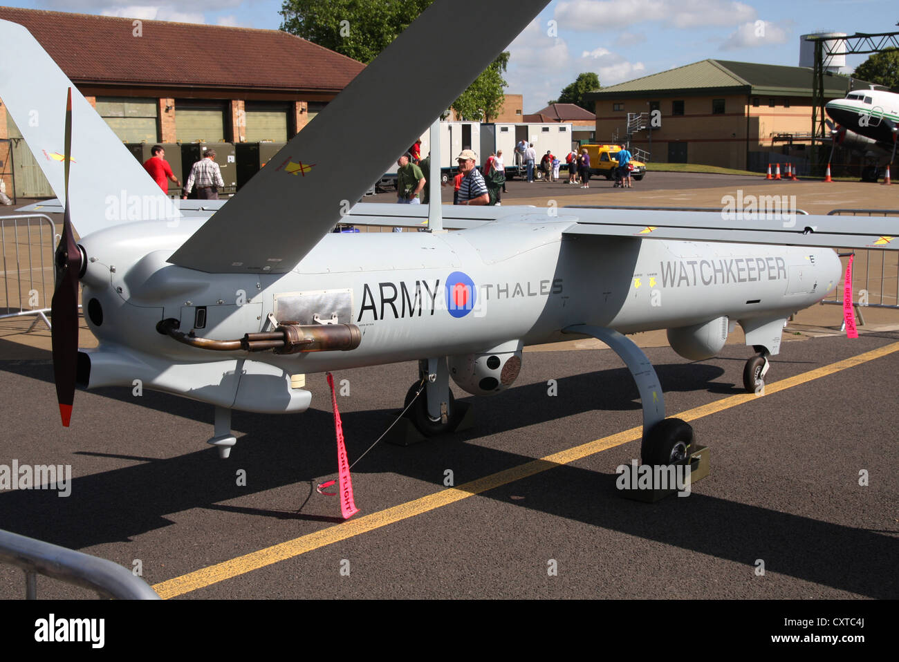 Watchkeeper, kontrollierte RAF Waddington in Lincolnshire, unbemannt, Luftaufnahmen, UAV, Militär, Kämpfer, IED, Geschwader, Drohnen, Schnitter, Arsenal, Fahrzeuge Stockfoto