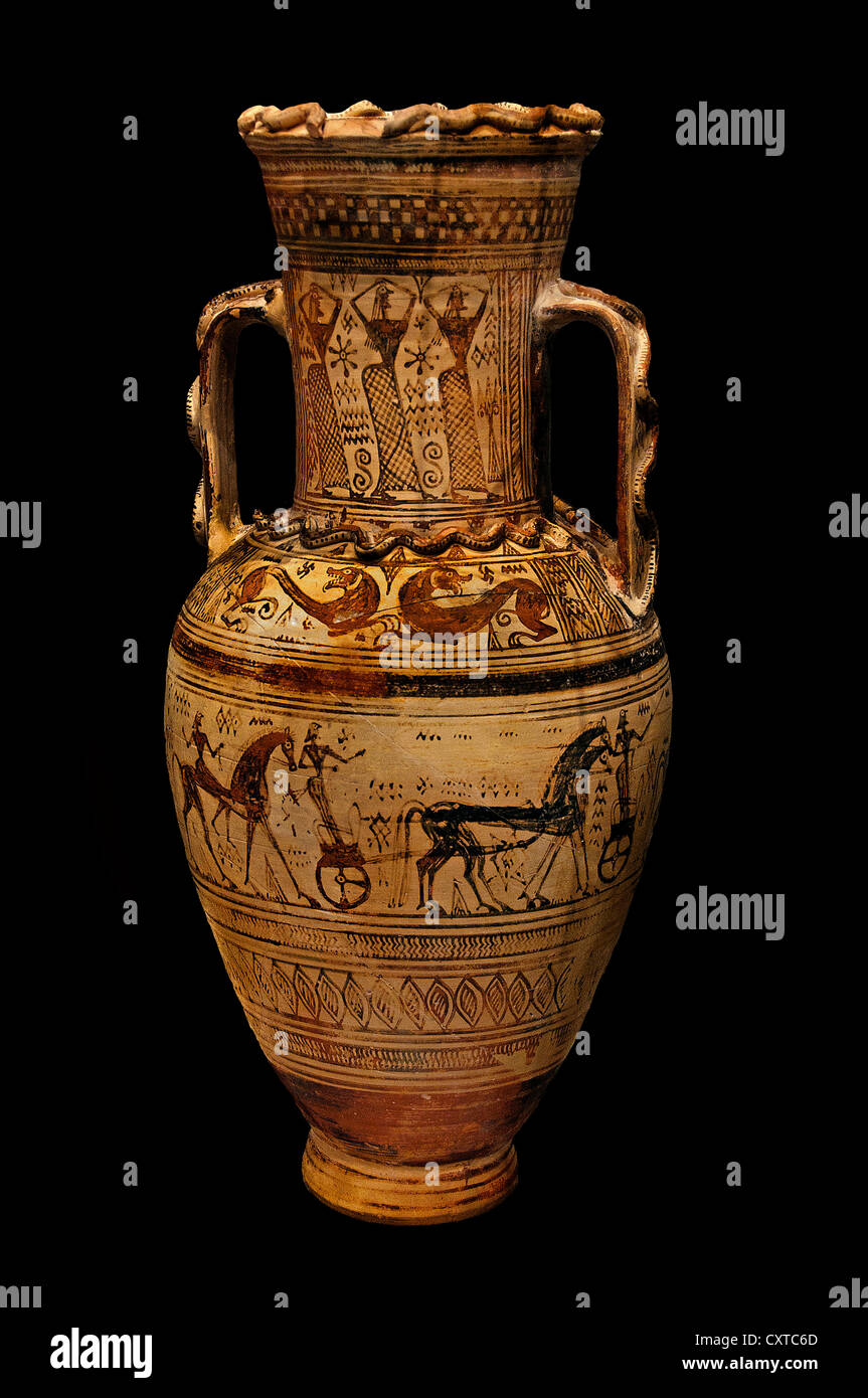 Terrakotta-Hals Amphora Griechisch Attic geometrische 8. Jahrhundert v. Chr. griechische Griechenland Krieg Krieger Pferde Streitwagen Soldaten Stockfoto
