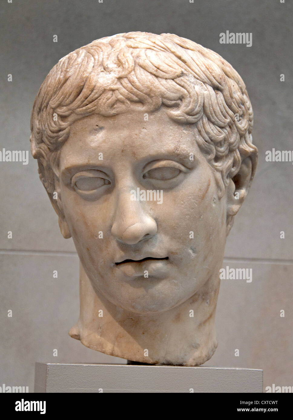 Marmor-Kopf von einer Jugend römischen Claudian Periode 41 - 54 Kopie griechische Statue 450 v. Chr. von Polyklet Griechenland Stockfoto