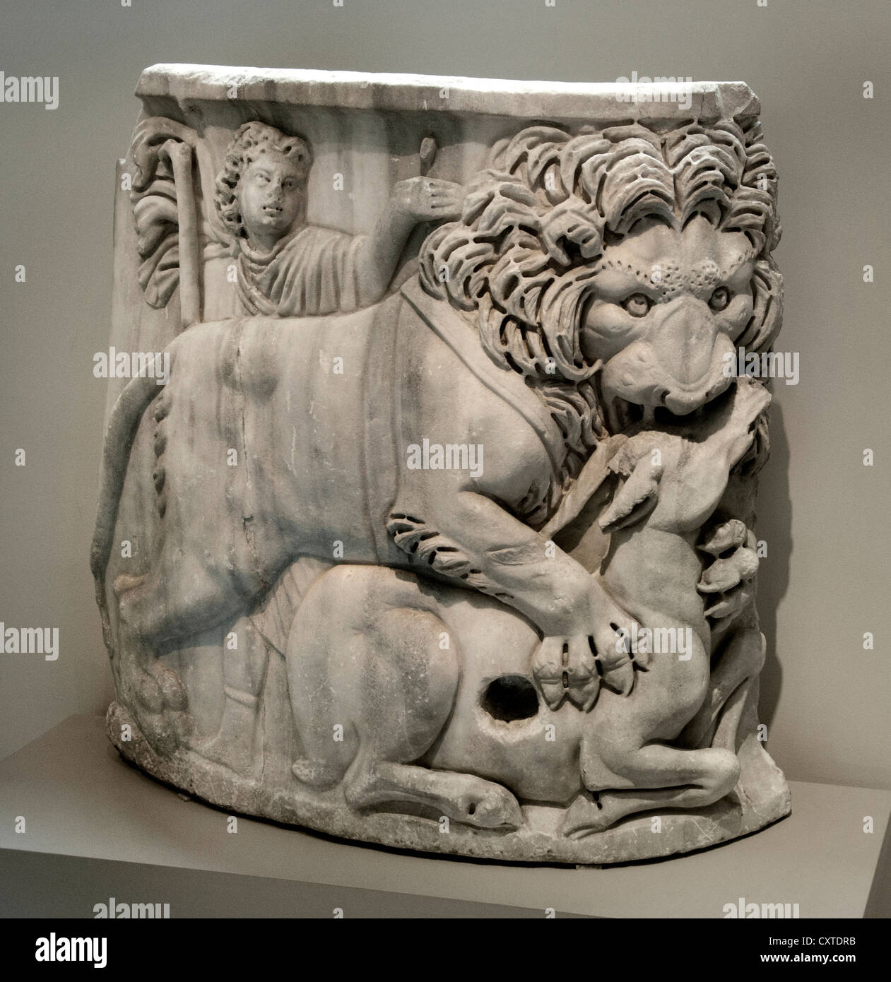 Wilder Löwe verschlingt einen Hirsch-Marmor-Sarkophag 220 n. Chr. römische 27 cm Italien Italienisch Stockfoto