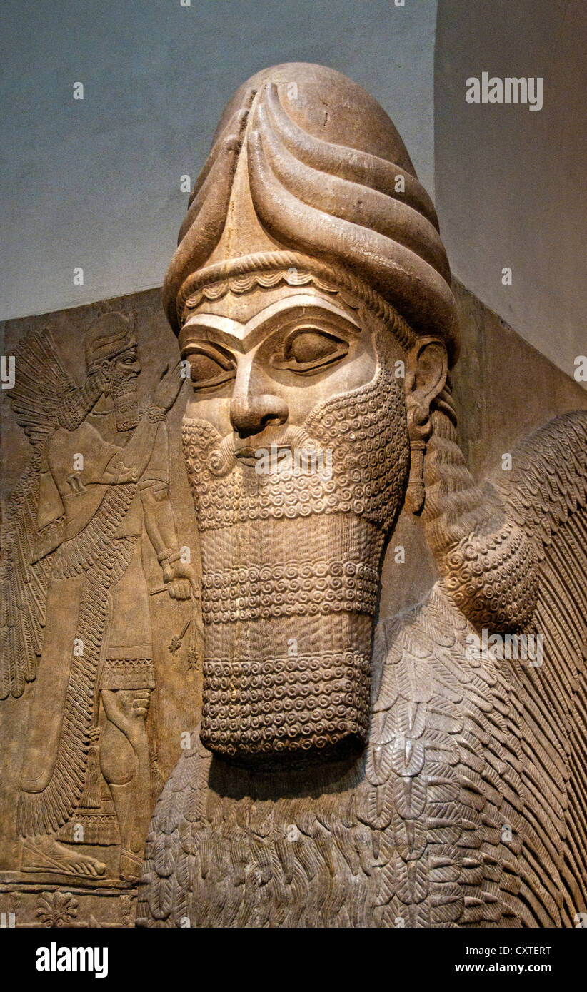 Statue geflügelte Löwe menschliches Gesicht Nordwesten königlichen Palast von Ashurnasirpal II Nimrud 883 – 859 v. Chr. Mesopotamien Irak Kalhu Assyrien Stockfoto