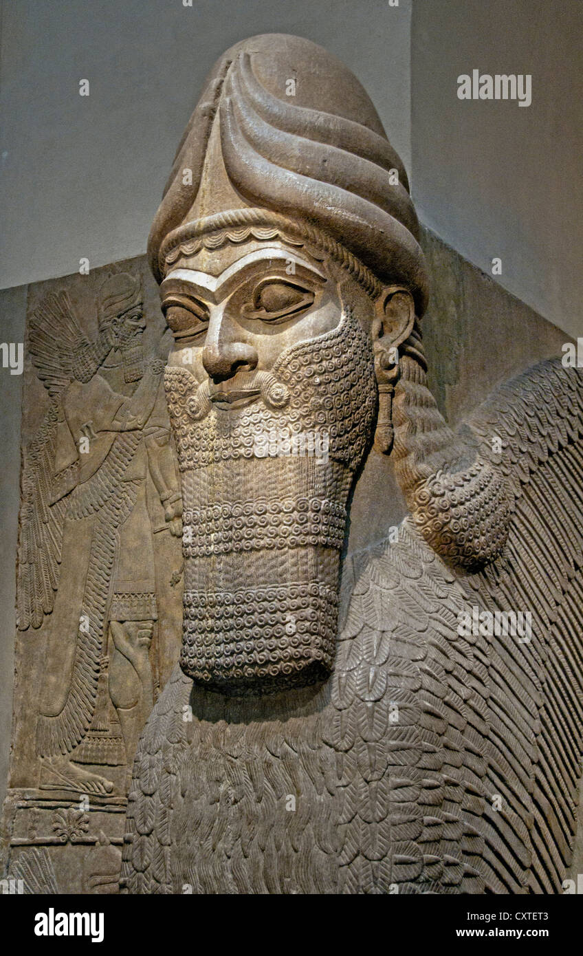 Statue geflügelte Löwe menschliches Gesicht Nordwesten königlichen Palast von Ashurnasirpal II Nimrud 883 – 859 v. Chr. Mesopotamien Irak Kalhu Assyrien Stockfoto