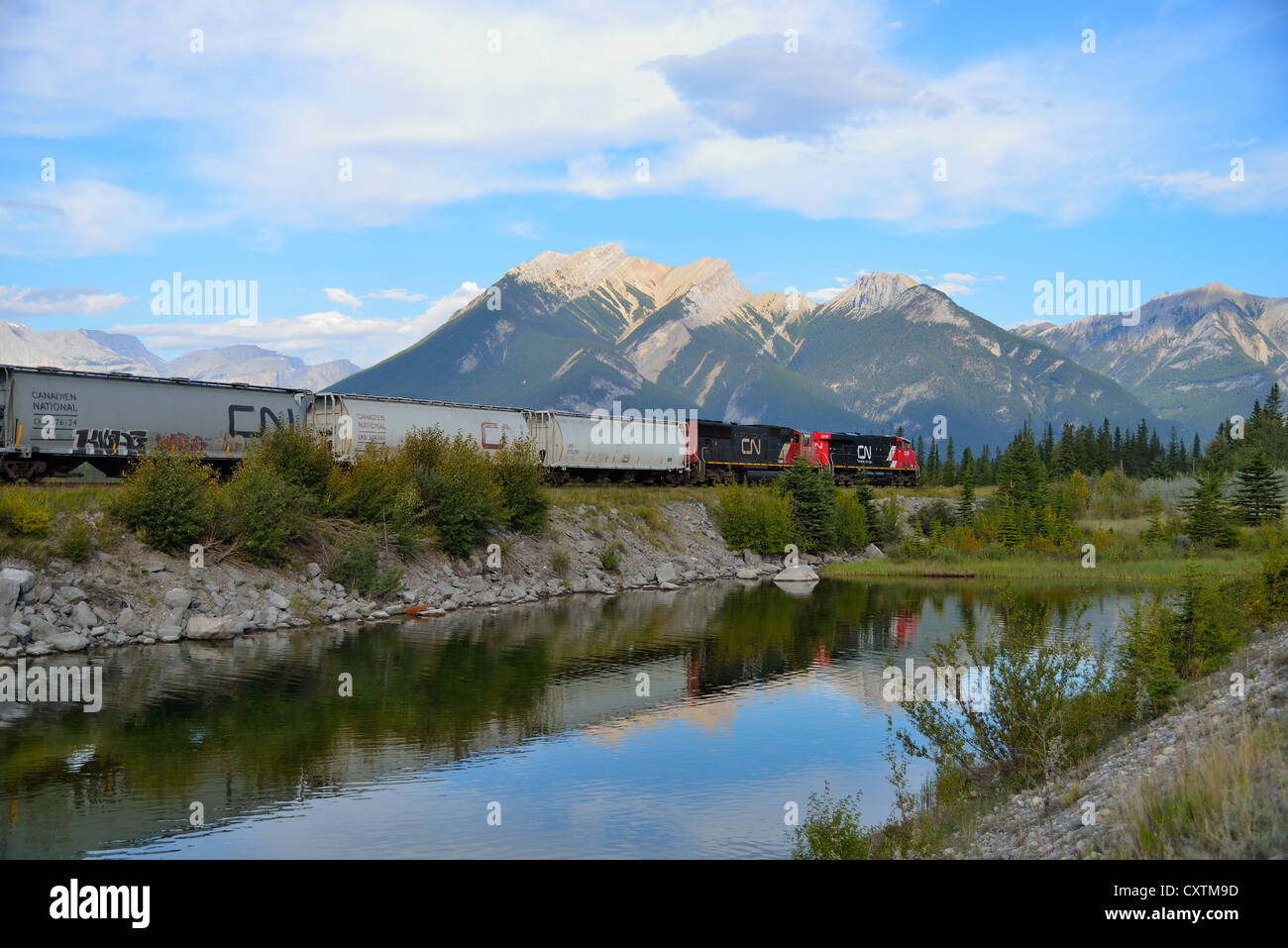 Kanadische nationale Güterzug eine Zuglast von Schienenfahrzeugen Stockfoto