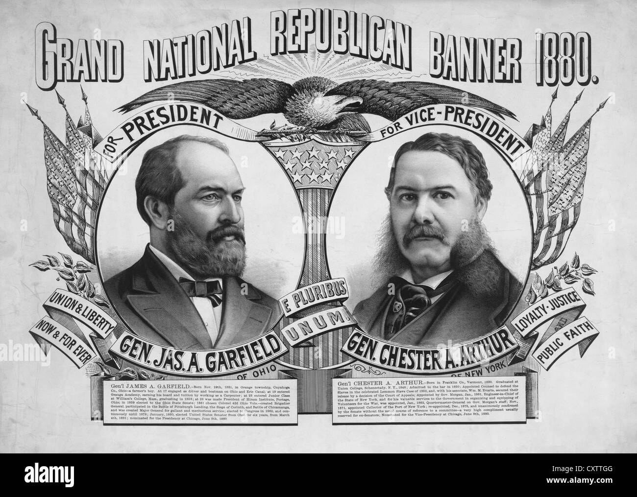 Grand National Republican Banner 1880, USA Präsidentschaftswahlen für James Garfield und Chester Arthur Stockfoto