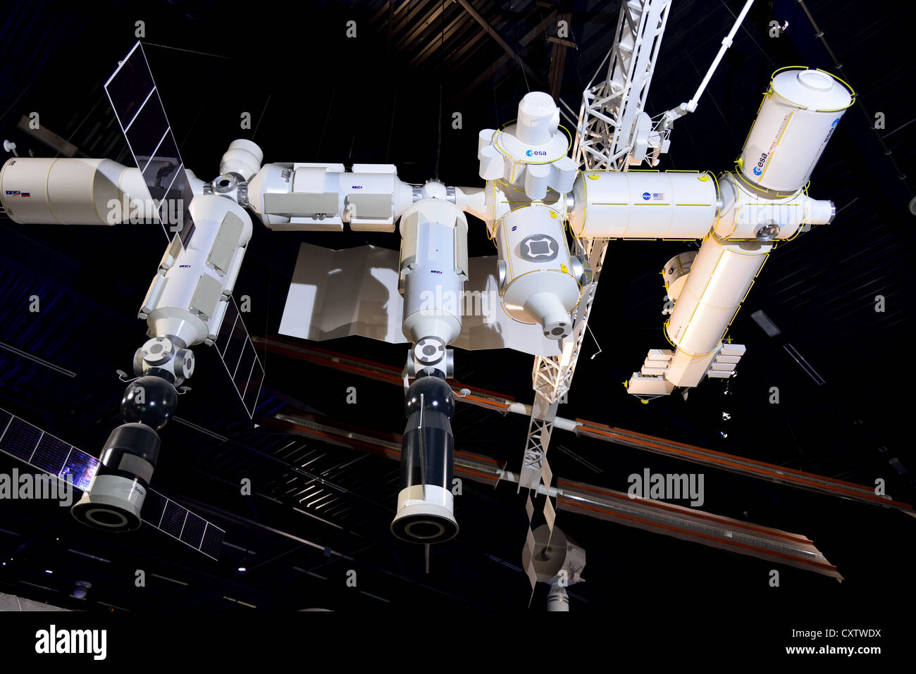 Ein Modell der internationalen Raumstation ISS in die Space Expo Noordwijk, Niederlande. Stockfoto