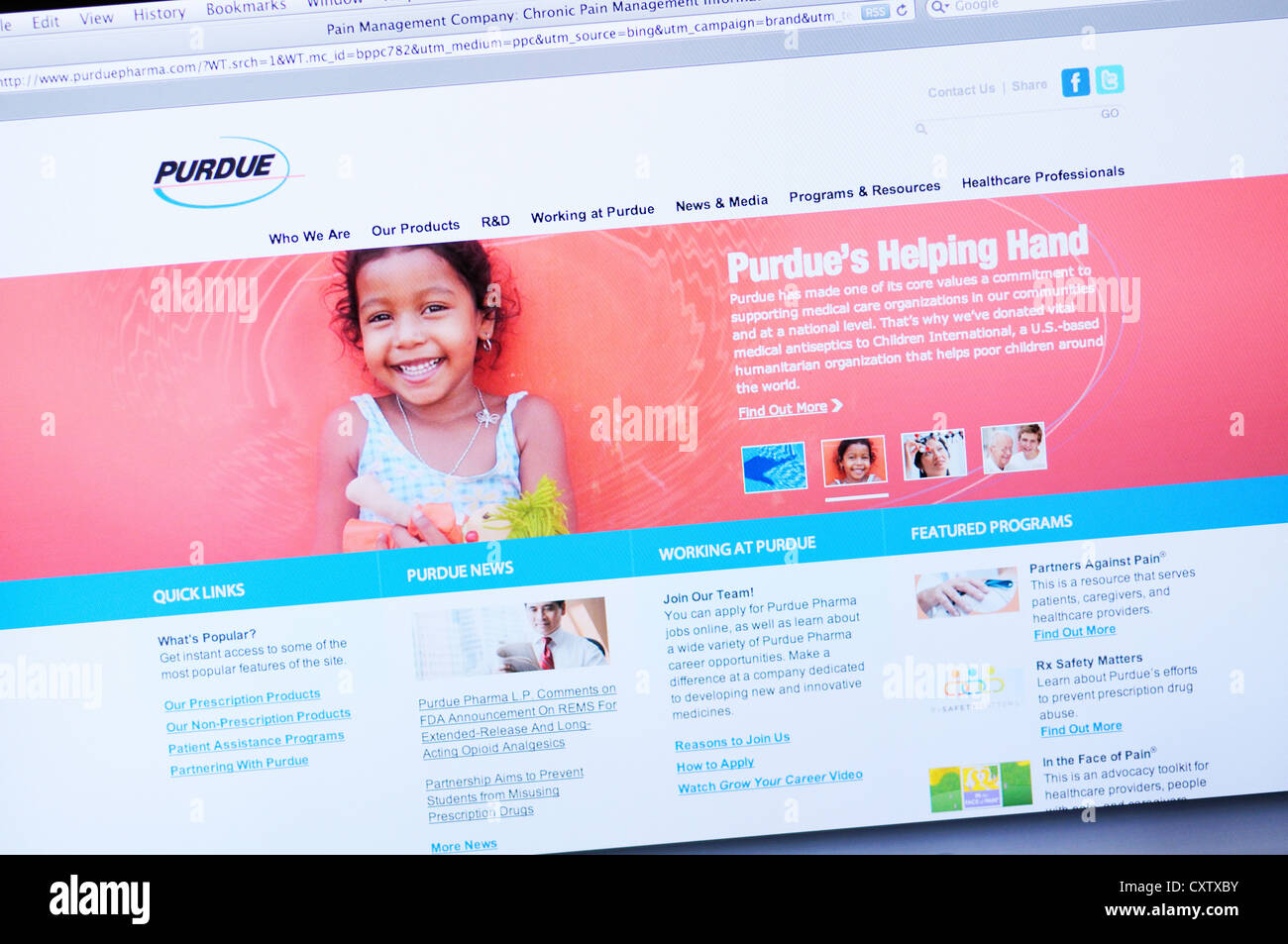 Purdue Pharma Website - Online-pharmazeutische Informationen Stockfoto