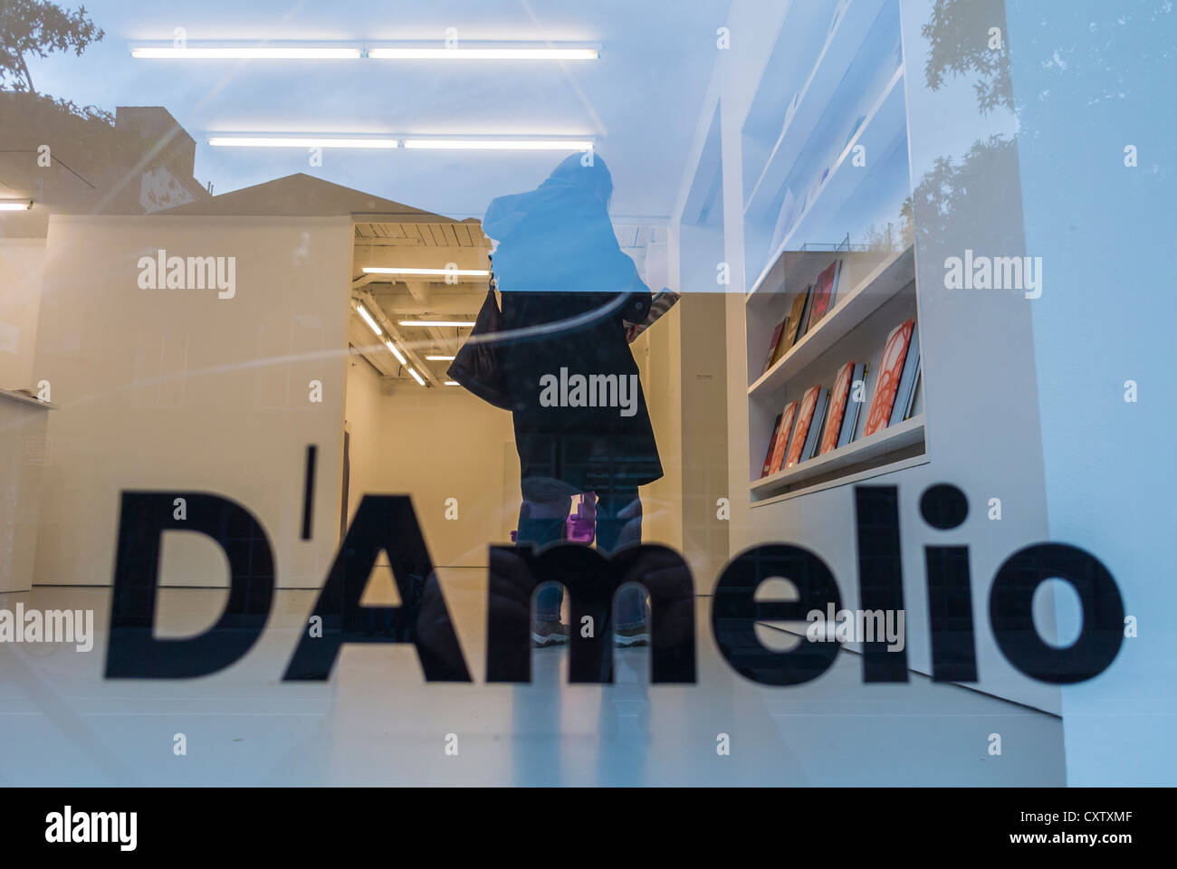 New York City, NY, USA, Frau, Besuch in d ' Amelio Kunstgalerie in Chelsea Bereich Shop Frontscheibe Zeichen Stockfoto