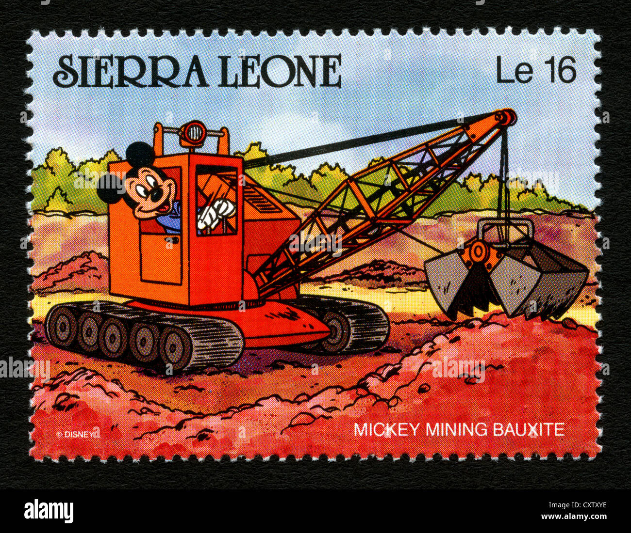 Sierra Leone Briefmarke - Disney-Comic-Figuren - Mickey-Mouse Bergbau Bauxit Stockfoto