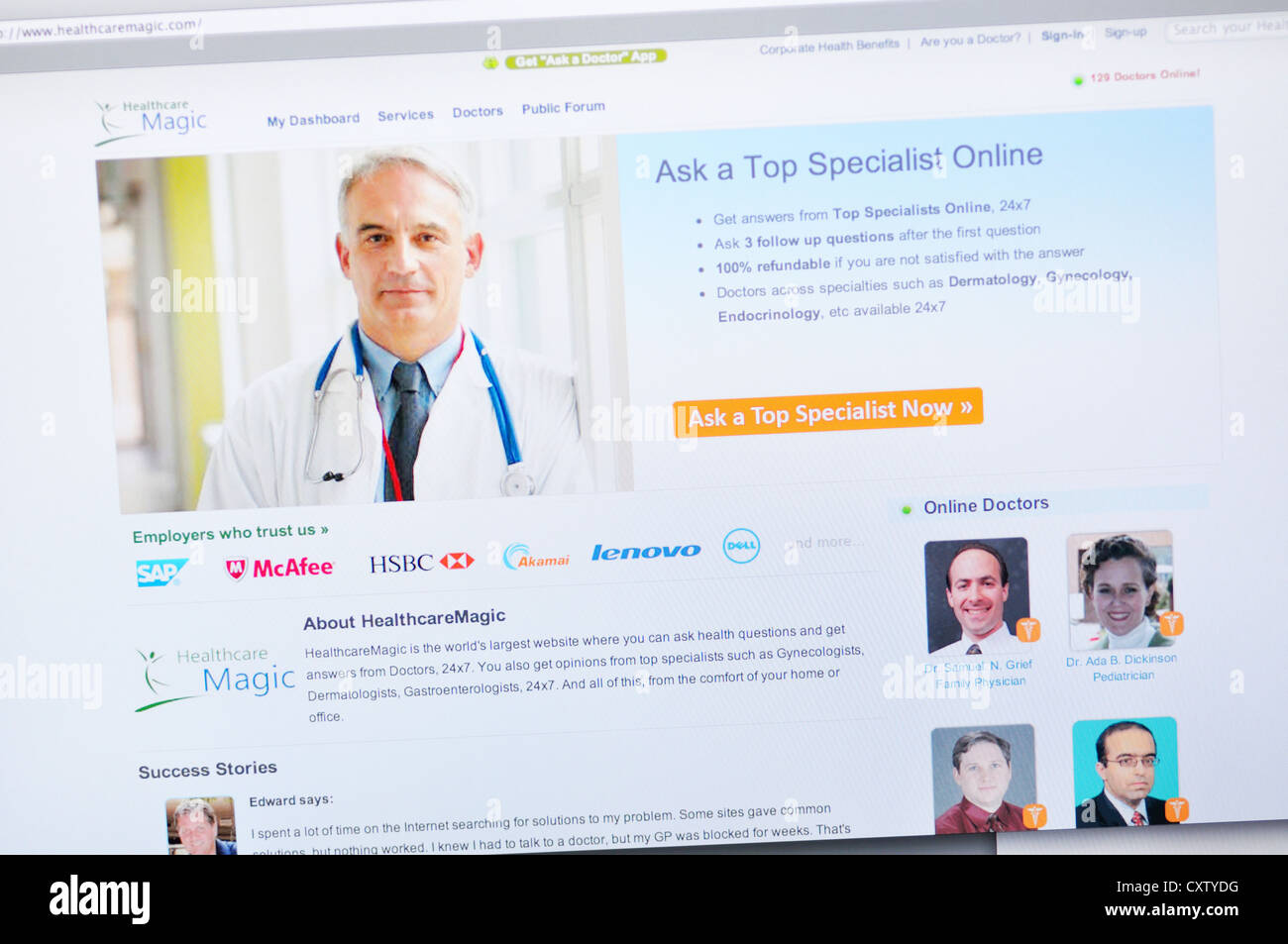Healthcaremagic Webseite - Online-medizinische Beratung Stockfoto