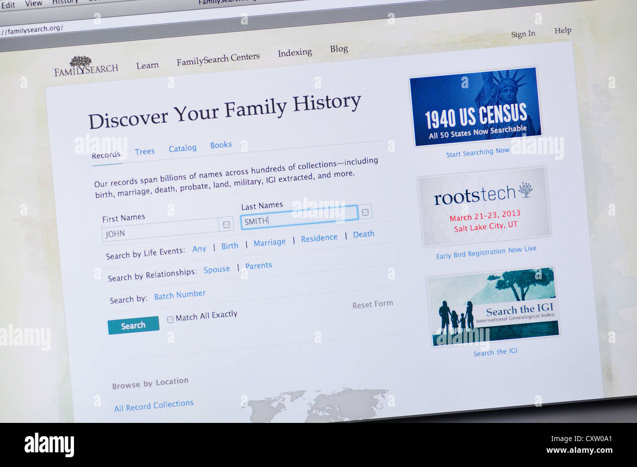 FamilySearch-Webseite - Forschung online-Vorfahren Stockfoto