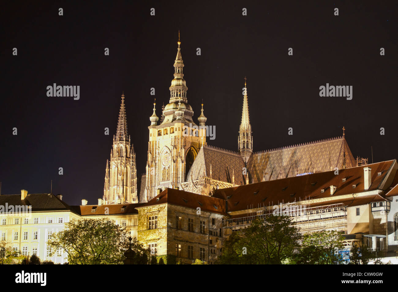 Prager Burg St Vitus Cathedral in der Nacht, Prag, Tschechische Republik Stockfoto