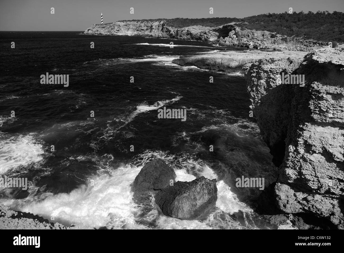 Der Leuchtturm in Portinatx Resort, Insel Ibiza, Balearen, Spanien, Europa Stockfoto