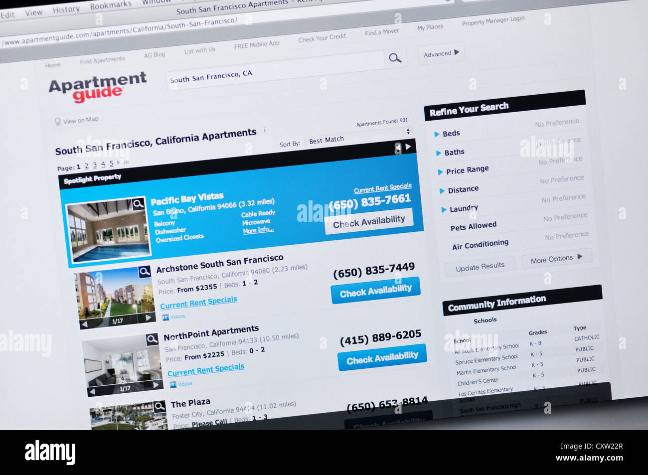 Website für Apartment Guide - Ferienwohnungen online suchen in San Francisco Stockfoto