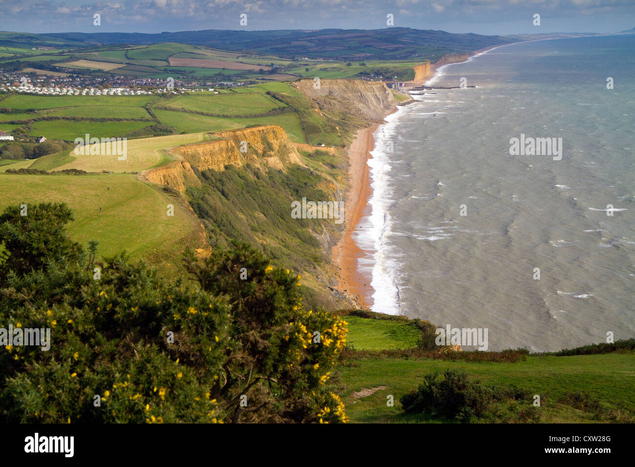 Dorset Küste Blick Richtung West Bay und Chesil Beach an der Jurassic Coast, Englands erste Weltnaturerbe Stockfoto