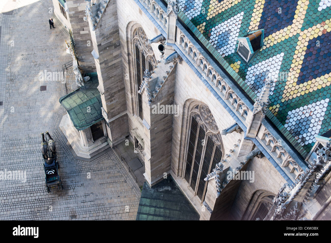 Blick vom aufgedeckt Kathedrale (Steffel) auf typische Vienna Pferdekutsche (Fiaker) und die ausgearbeiteten Ziegeldach der cathedra Stockfoto