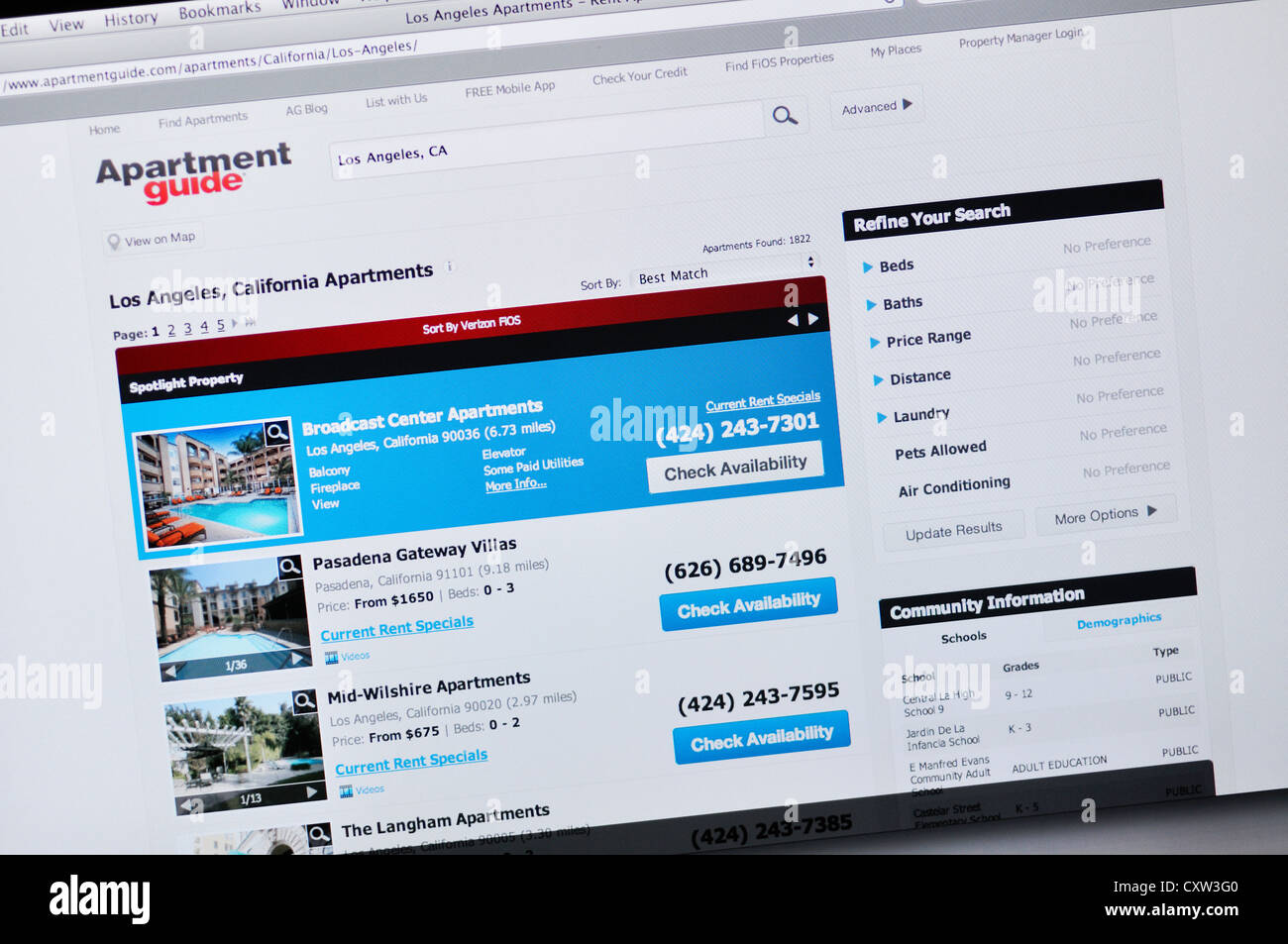 Website für Apartment Guide - Online-Wohnungssuche Vermietung in LA Stockfoto