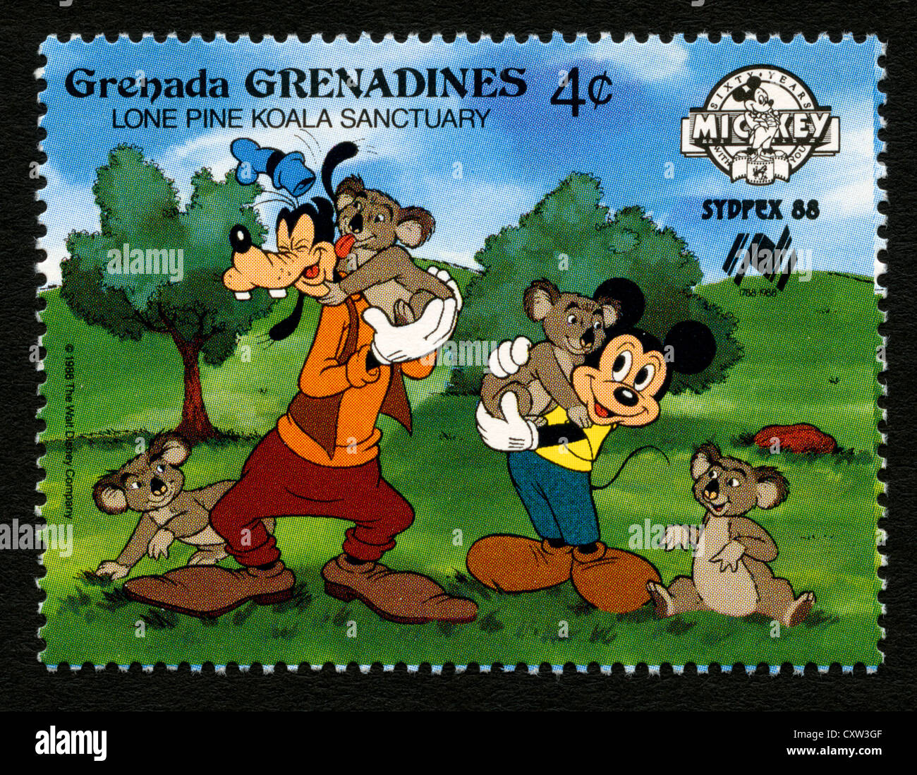 Grenada-Briefmarke - Disney Comic-Figuren - Mickey Mouse und Goofy Stockfoto