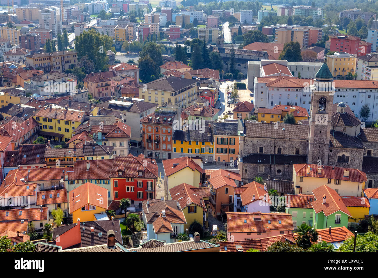 Locarno und die Piazza Grande, Tessin, Schweiz, von oben Stockfoto