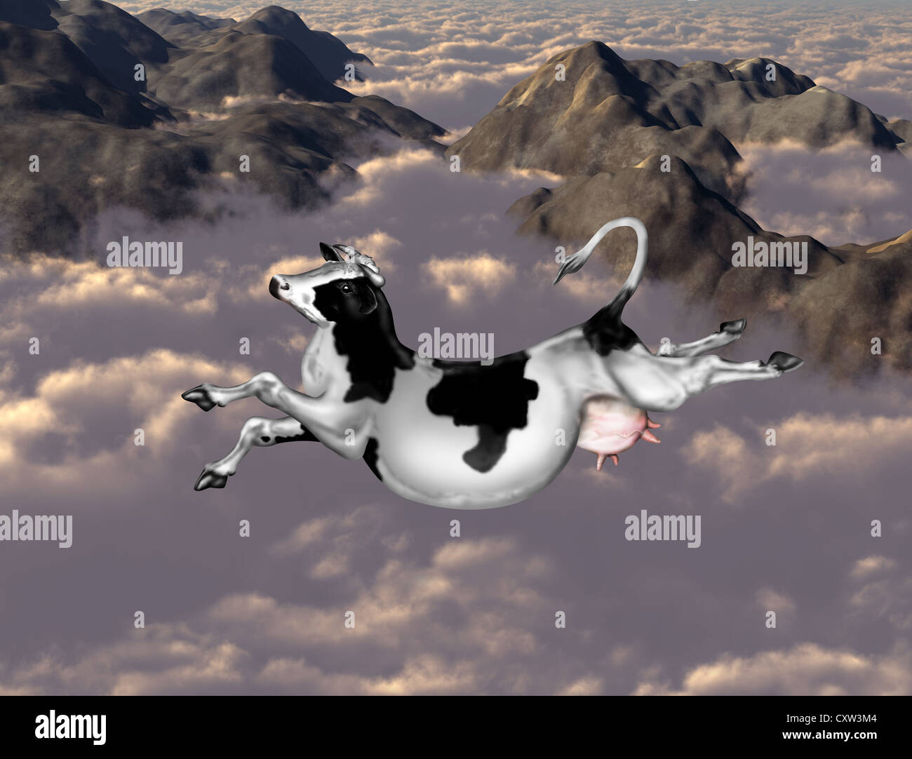 Abbildung einer Kuh fliegen über den Wolken und Berge Stockfoto