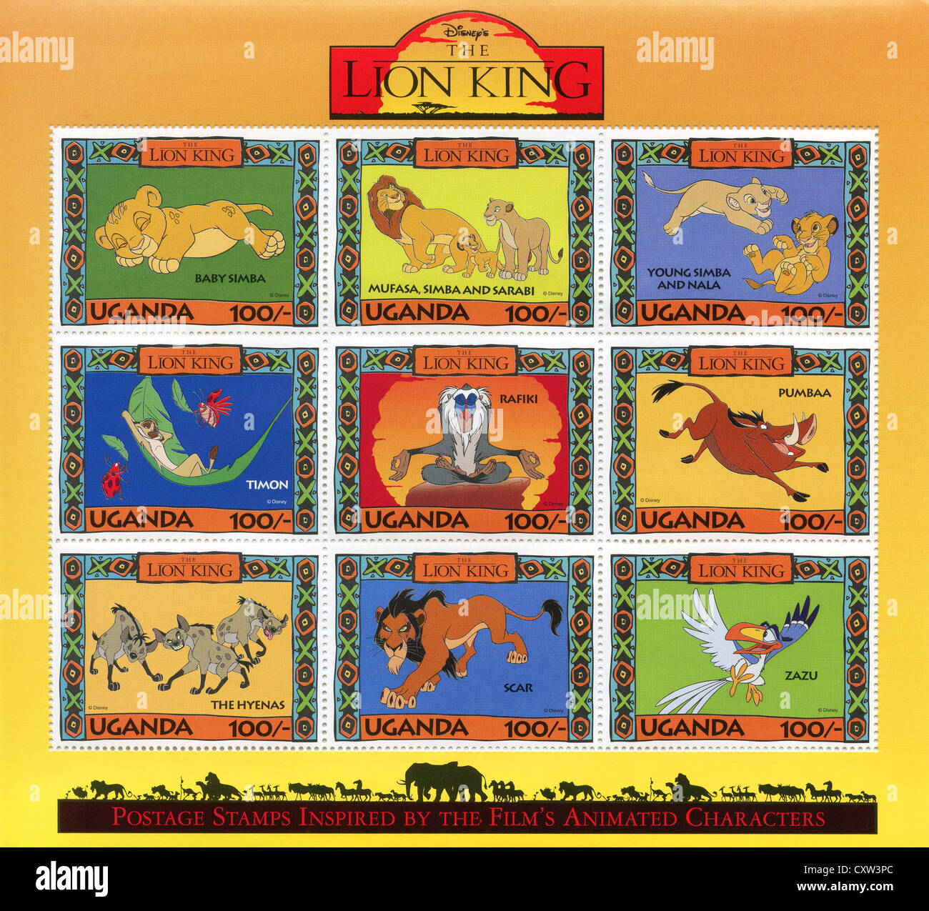 Uganda-Briefmarken - König der Löwen Disney-Comic-Figuren Stockfoto