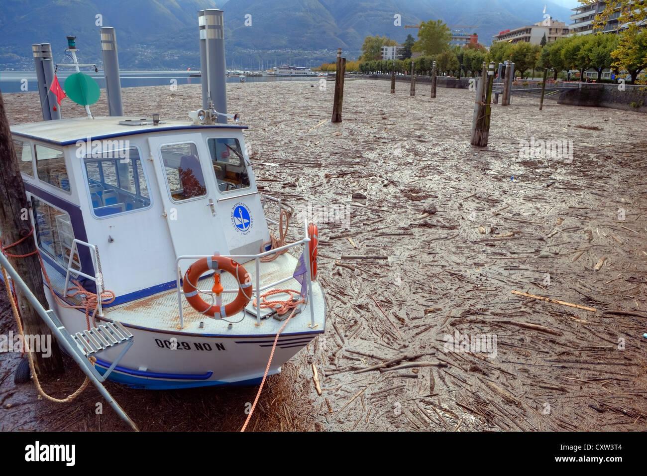 Nach Dem Unwetter Ist Die Bucht Von Locarno Kontaminiert Tessin Schweiz Wochenlang Mit Treibholz Stockfotografie Alamy