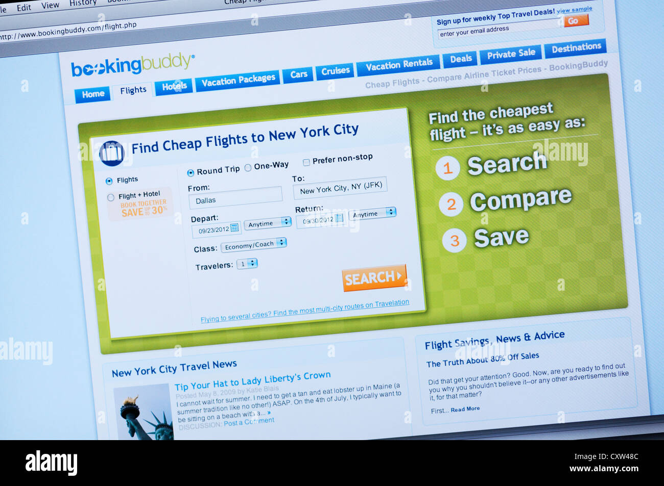 Buchung Buddy Website - günstige Flüge buchen Stockfoto