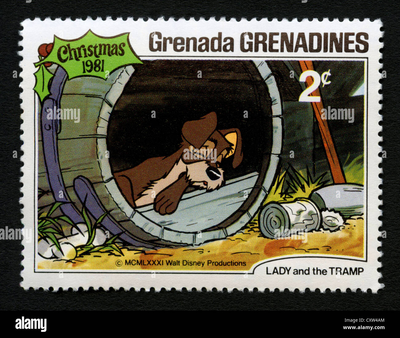 Grenada-Briefmarke - Susi und Strolch-Disney-Zeichentrickfilm Stockfoto