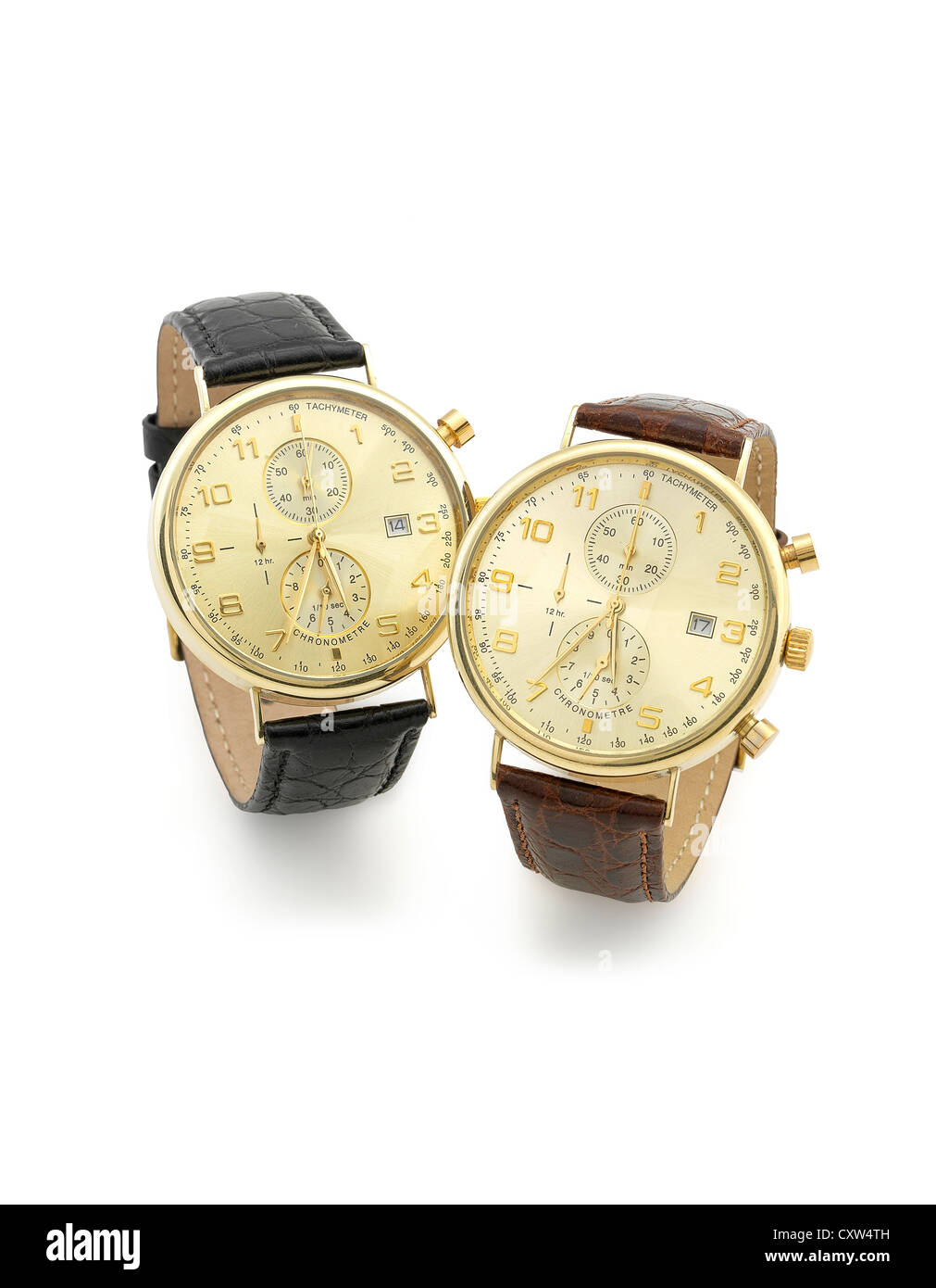 zwei Uhren auf weißen Hintergrund isoliert Stockfoto
