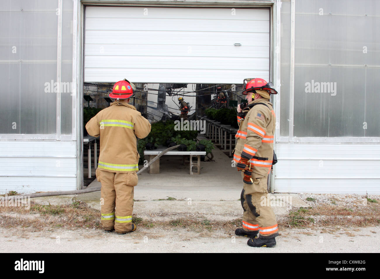 Feuerwehr am Unfallort ein Feuer in einem Gewächshaus-Kindergarten Stockfoto