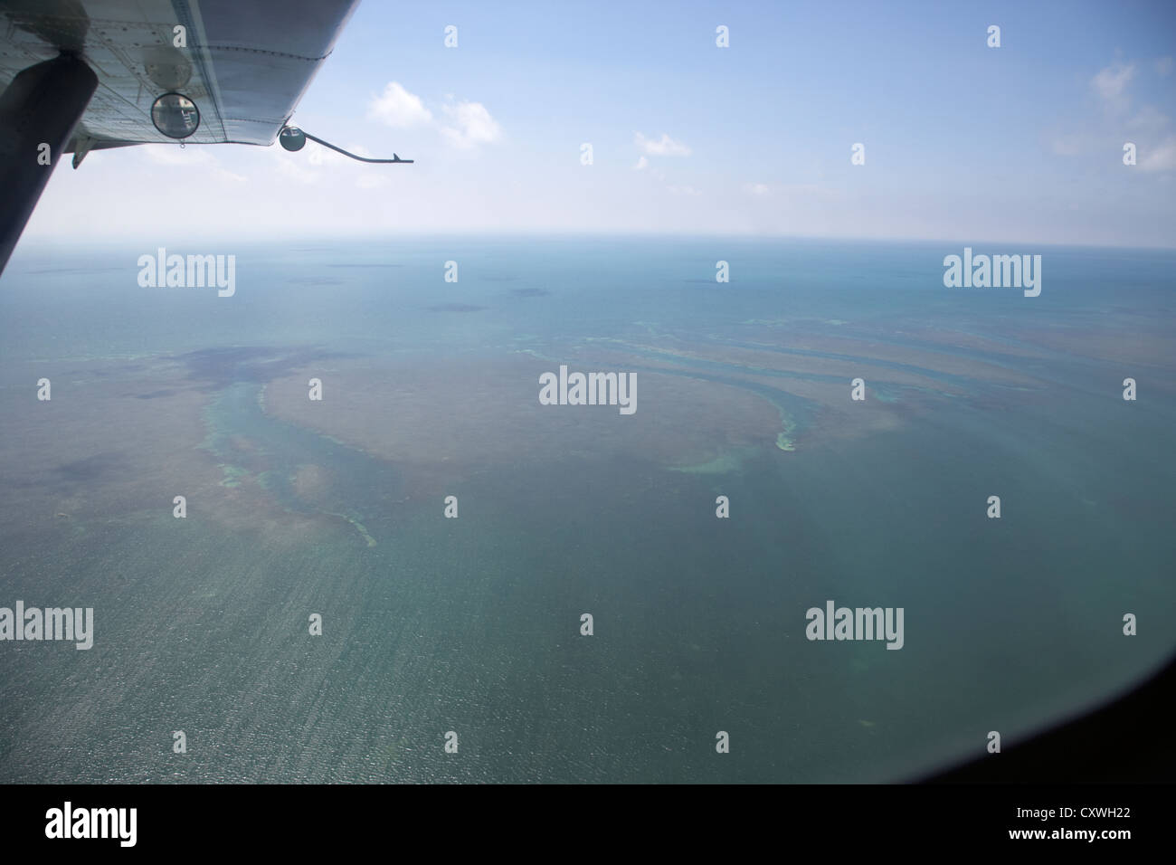 fliegen über Barriere-Riff vor Key West in den Golf von Mexiko-Usa Florida Keys Riff zeigt Kanäle einige durch Schiffe verursachte Stockfoto