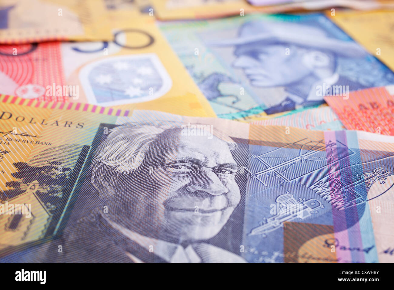 Australische Währung Hintergrund. Normal, Noten im Umlauf, sauber, aber nicht neu. Stockfoto