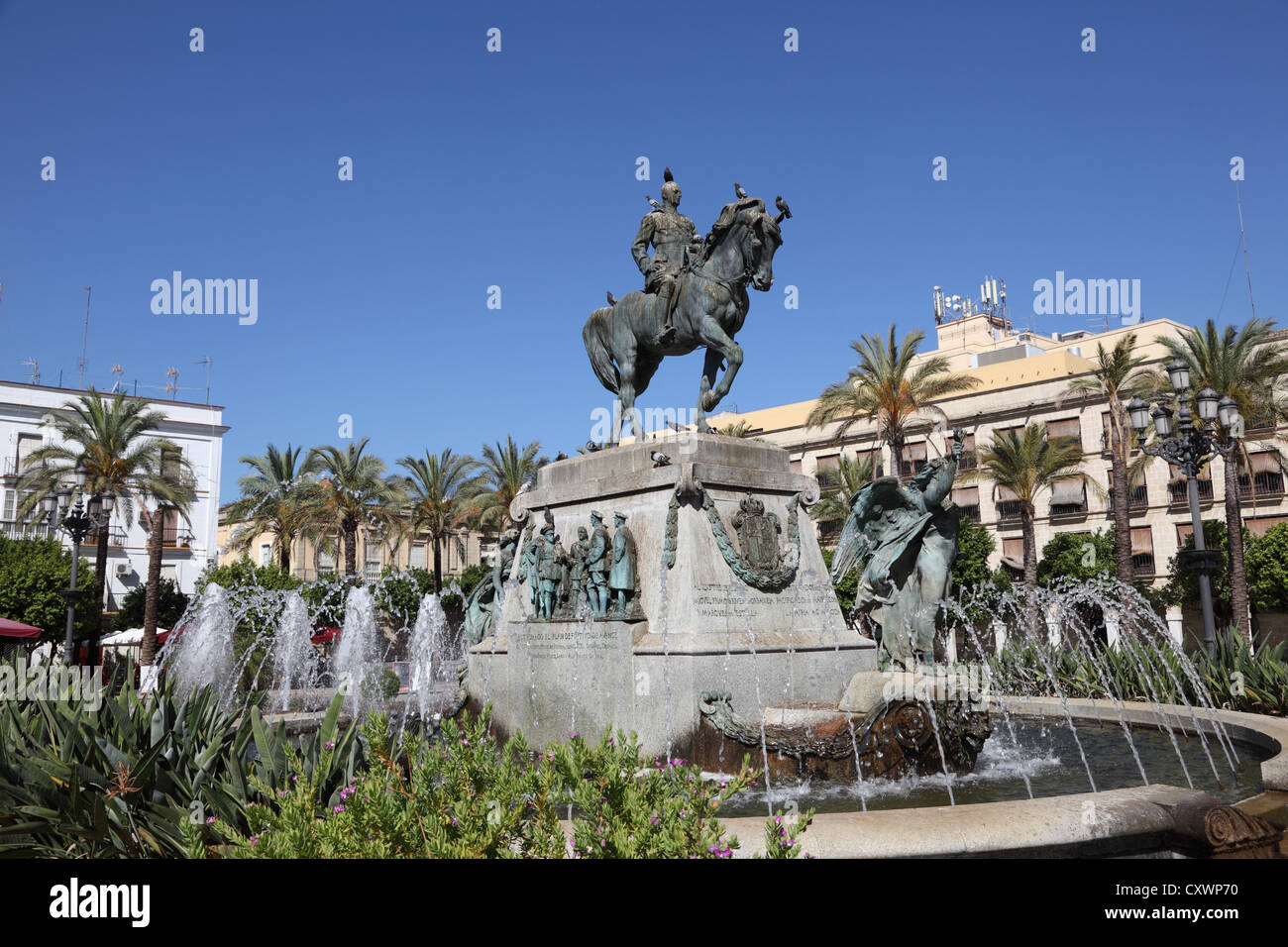 Statue mit Springbrunnen in Jerez De La Frontera, Andalusien Spanien Stockfoto