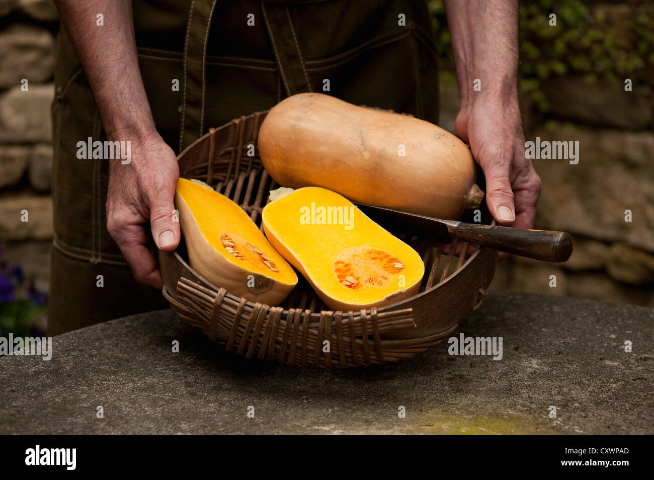 Mann mit Korb mit Butternut-Kürbis Stockfoto