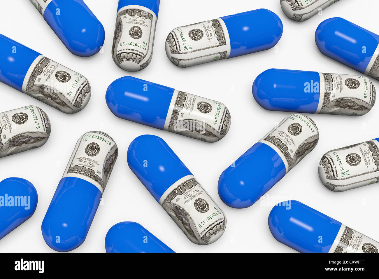 Pillen mit Dollarnoten dekoriert Stockfoto