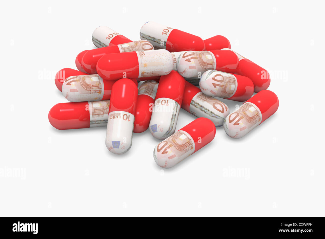 Pillen, dekoriert mit Euro-Banknoten Stockfoto